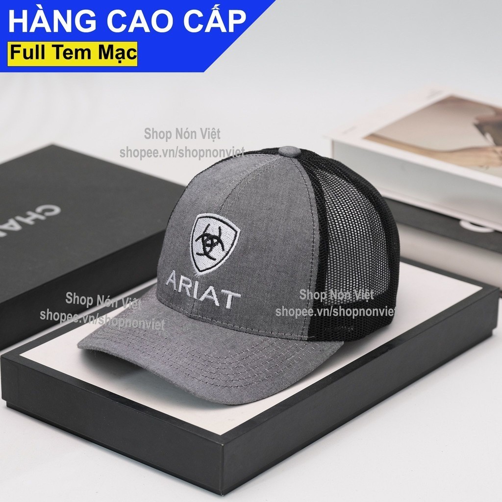 [A187]ARIAT Logo Shield Cool Baseball Cap Grey Cotton Khaki Fabric Black Mesh Stand Up Fashion 2024