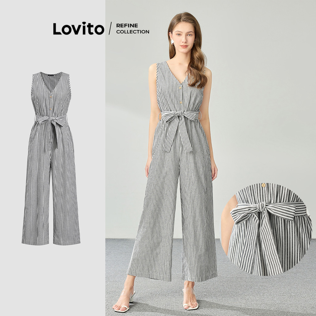 (Lovito Refine) จั๊มสูทลายทางเรขาคณิตพร้อมเข็มขัดสำหรับผู้หญิง LR1ED054
