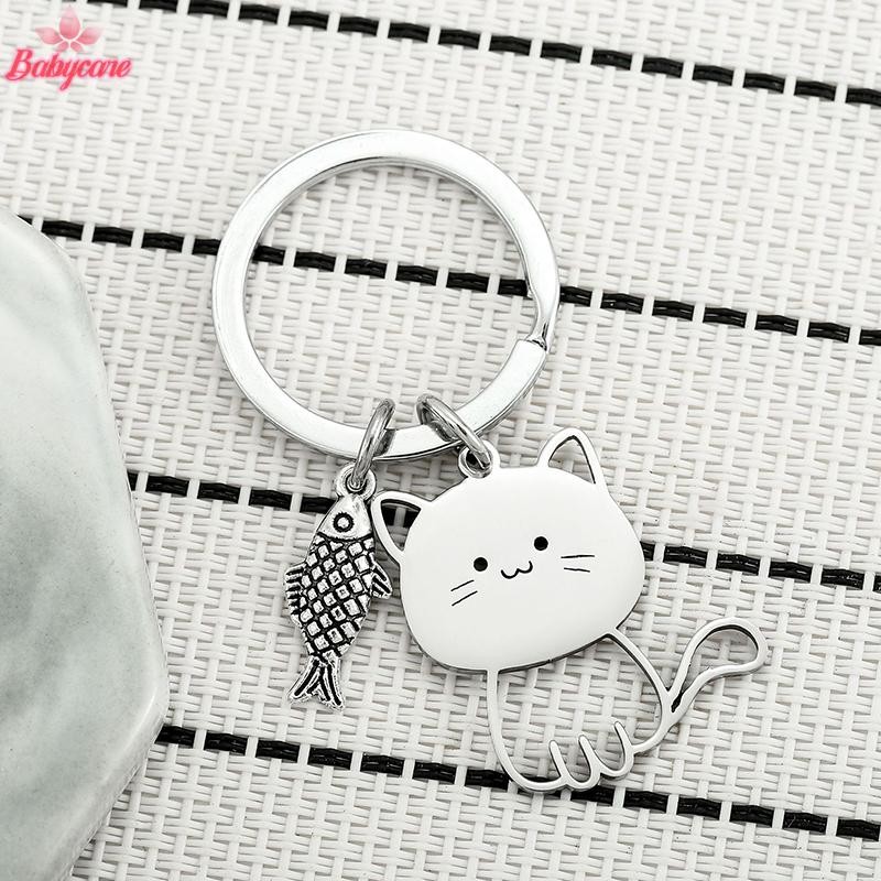 Byce> ตลกการ์ตูนแมวปลาพวงกุญแจคู่คนรักสแตนเลสพวงกุญแจน่ารักจี้ Key Chain ของขวัญวันวาเลนไทน์เครื่องประดับใหม่