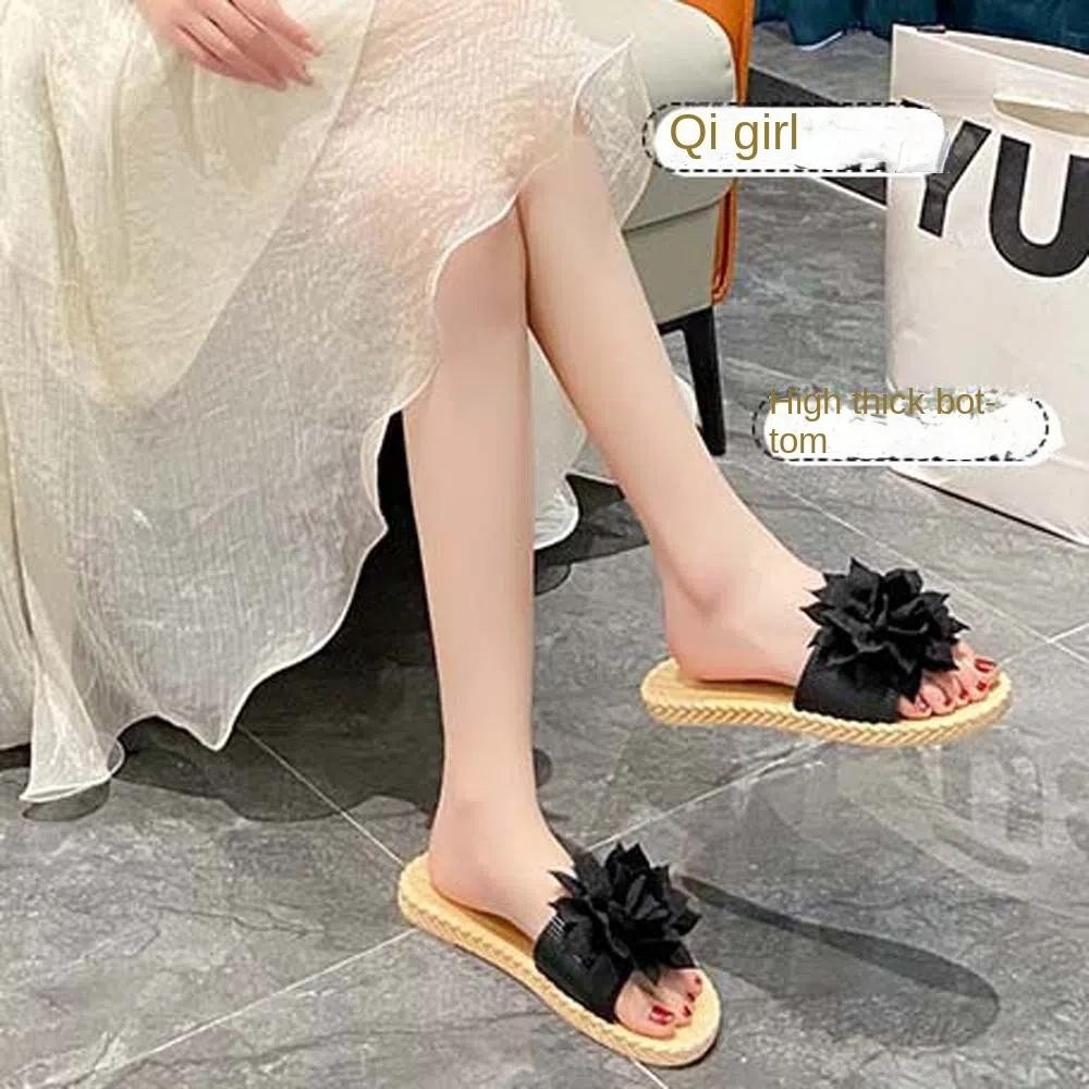 Back2life รองเท้าแตะดอกไม้, รองเท้าแตะริมทะเลกันลื่นผ้า, สไตล์ INS เกาหลี INS รองเท้าหนา PVC ยางวันหยุดรองเท้าแตะชายหาดของขวัญคู่ - รูปที่ 4