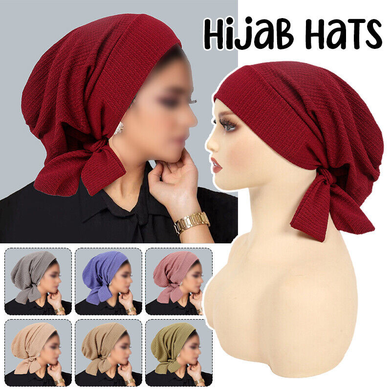สีทึบ Crinkle Turban หมวกฮิญาบยาวหางหัว Wraps หมวกมุสลิมยืดหยุ่น