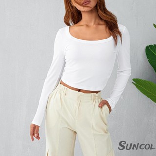 Suncol- เสื้อครอปท็อปแขนยาว คอตัก เข้ารูป สีพื้น แฟชั่นฤดูใบไม้ผลิ และฤดูใบไม้ร่วง สําหรับผู้หญิง