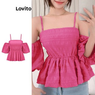 Lovito เสื้อเบลาส์ลำลอง สีพื้น แต่งจีบ แขนพอง สำหรับสตรี L58AD033 (ฮอตพิงค์)