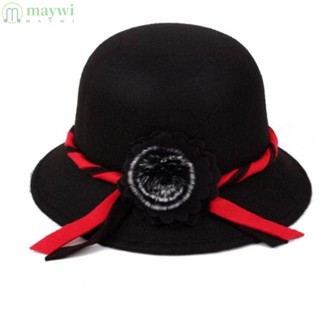 Maywi Fedoras หมวกผ้าขนสัตว์ ลายดอกไม้ สีพื้น สไตล์เรโทร ฤดูใบไม้ร่วง ฤดูหนาว สําหรับผู้หญิง