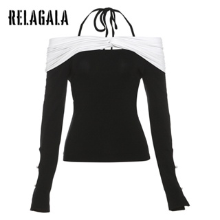 Relagala ใหม่ เสื้อยืดลําลอง เปิดไหล่ เข้ารูป สีตัดกัน แฟชั่นสําหรับสตรี 2023