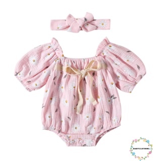 Babyclothes- ชุดรอมเปอร์ แขนสั้น พิมพ์ลายดอกไม้ พร้อมที่คาดผม แฟชั่นฤดูร้อน สําหรับเด็กผู้หญิง 2 ชิ้น