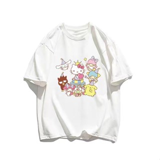 ราคาถูก hello kitty ฤดูร้อนใหม่เสื้อยืดผ้าฝ้ายผู้หญิงแขนสั้นการ์ตูนเสื้อครึ่งแขน เสื้อคู่