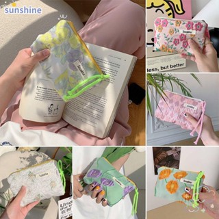 Ssunshine กระเป๋าใส่เหรียญ ผ้าฝ้าย ทรงสี่เหลี่ยม ลายดอกไม้น่ารัก ขนาดเล็ก แฟชั่นสําหรับผู้หญิง