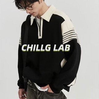 Chillg LAB เสื้อโปโลลําลอง คอปก ทรงหลวม แต่งซิปครึ่ง สีตัดกัน สไตล์เกาหลี แฟชั่นฤดูใบไม้ผลิ และฤดูใบไม้ร่วง สําหรับผู้ชาย