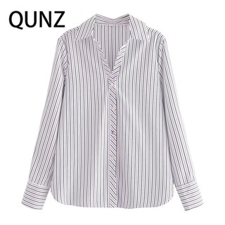 Qunz เสื้อเชิ้ตแขนยาว ทรงหลวม ลายทาง ทรงกระบอก แฟชั่น 6066