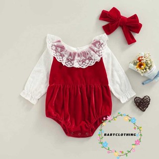 Babyclothes- ชุดรอมเปอร์ แขนยาว แต่งลูกไม้ สีไวน์แดง พร้อมผ้าโพกศีรษะ สําหรับเด็กผู้หญิง