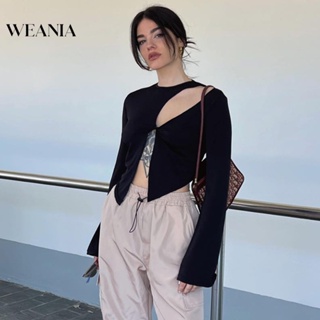 Weania ใหม่ เสื้อยืดลําลอง แขนบาน เข้ารูป เซ็กซี่ สไตล์ฤดูใบไม้ร่วง สําหรับผู้หญิง