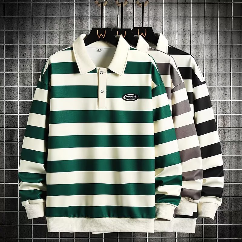 เสื้อกันหนาวแขนยาว คอปกโปโล ลายทาง แฟชั่นฤดูใบไม้ร่วง สไตล์สตรีท สําหรับผู้ชาย