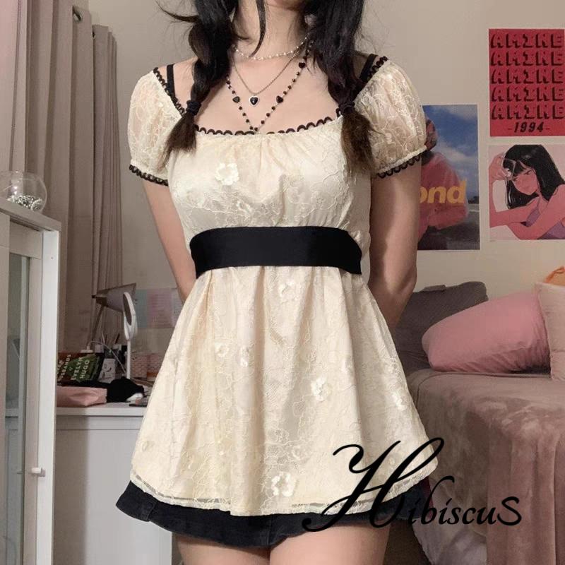 Hibis-เสื้อเชิ้ตแขนสั้น ทรงเอ แต่งลูกไม้ สไตล์วินเทจ สําหรับผู้หญิง