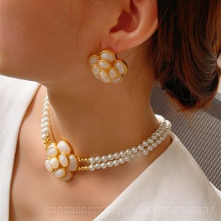 0914YWSJ Niche Ancient Style Vintag Jade Camellia Pearl Necklace High-End Catwalk Retro Style Flower Large Earrings FEHT