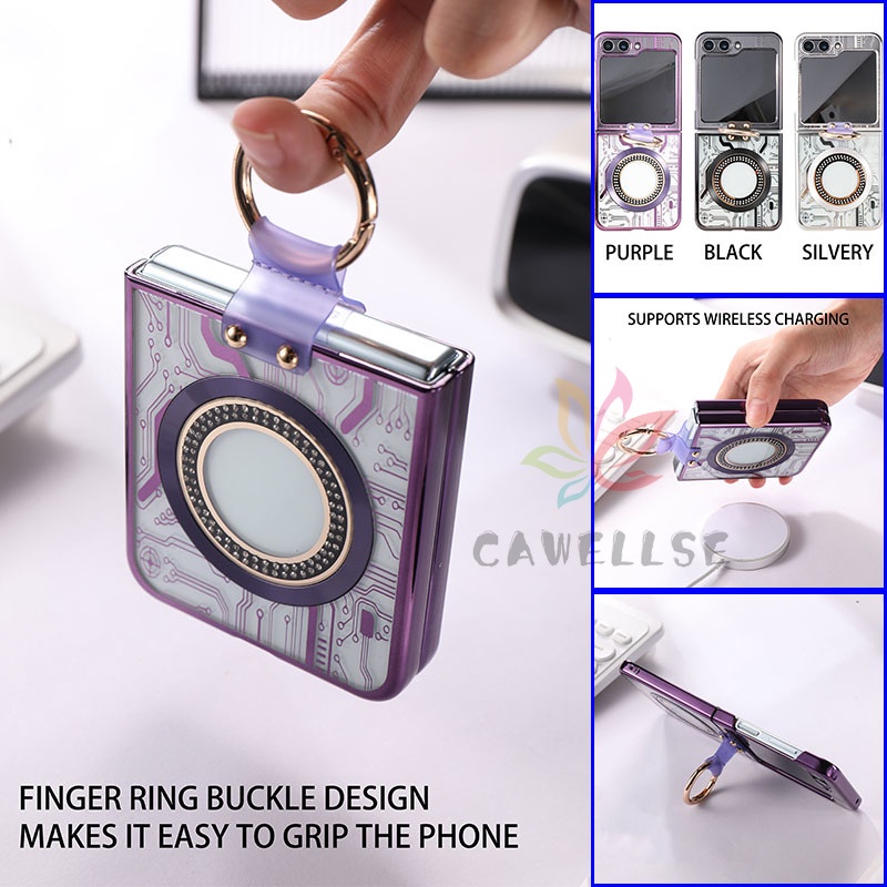 หรูหรา Electroplated โปร่งใสเคสโทรศัพท์ Samsung Galaxy Z Flip 5 Flip 6 Z Flip 4 เพชรแม่เหล็กไร้สายชาร์จแหวนขาตั้งกันกระแทกฝาหลัง Flip5 Flip4