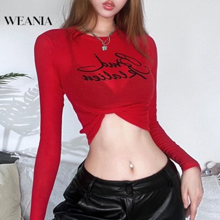 Weania เสื้อครอปท็อป คอกลม แขนยาว พิมพ์ลาย สีพื้น แฟชั่นสําหรับผู้หญิง