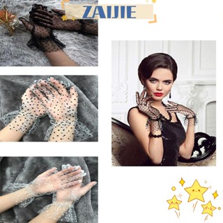 Zaijie24 ถุงมือผ้าตาข่าย พิมพ์ลายจุด 2 สี สีดํา สีขาว 2 ชิ้น สําหรับผู้หญิง