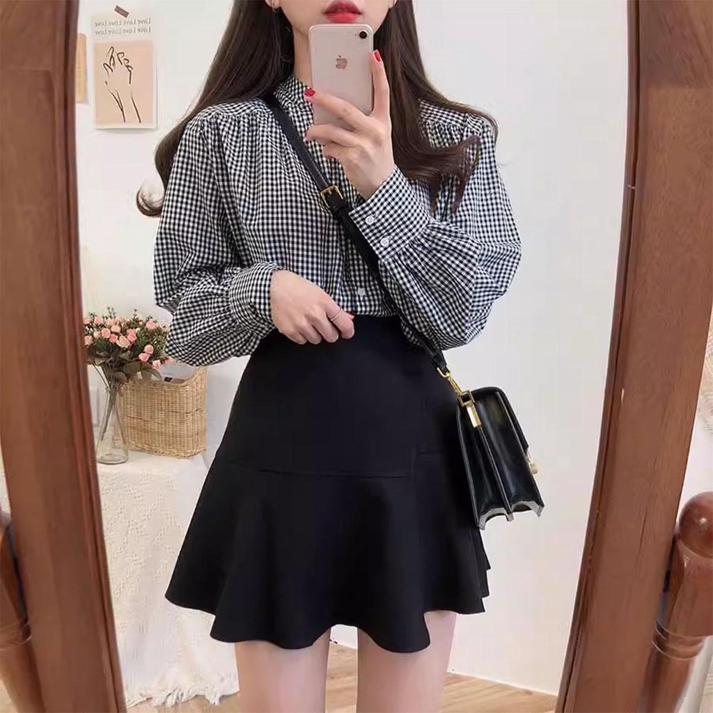 👚Anna👚 6107❤️กระโปรงนักศึกษา ทรงเอ ผ่าหลัง ความยาว ผ้าฮานาโกะ สีดำ ผ้านิ่มใส่สบาย แฟชั่นเกาหลี