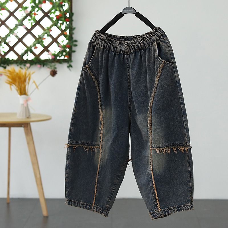 กางเกงยีนฮาเร็ม เอวยางยืด พลัสไซซ์ 7/10 มีกระเป๋าใหญ่ สไตล์วินเทจ แฟชั่นฤดูร้อน สําหรับผู้หญิง