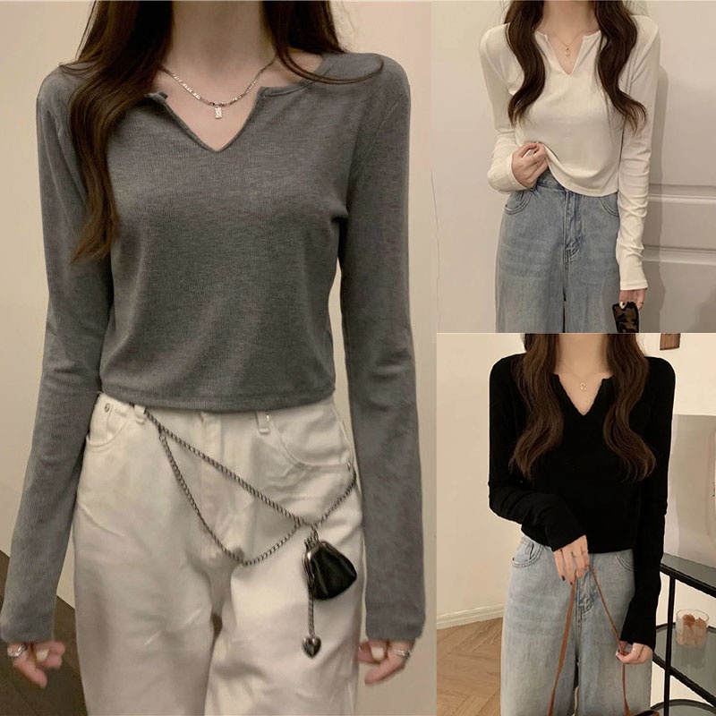 เสื้อยืดแขนยาว คอวี ทรงสลิม สไตล์เกาหลี สําหรับผู้หญิง