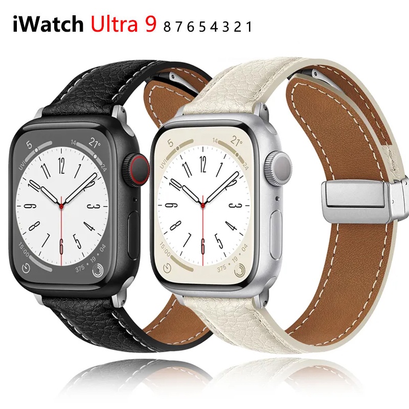 สายนาฬิกาข้อมือหนัง หัวเข็มขัดแม่เหล็ก สําหรับ Apple Watch 8 45 มม. 41 มม. Ultra Ultra2 49 iWatch Series 9 8 7 6 5 38 41 40 มม.