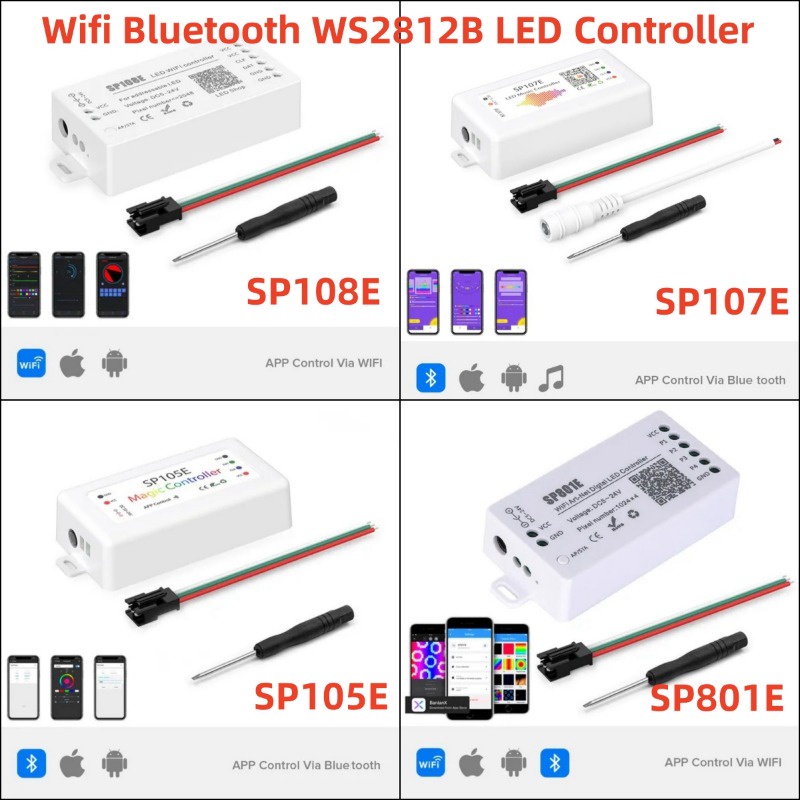 ตัวควบคุมสายไฟ LED SP105E SP107E SP801E SP108E SPI Wifi บลูทูธ WS2812B สําหรับ WS2811 WS2815 WS2813 