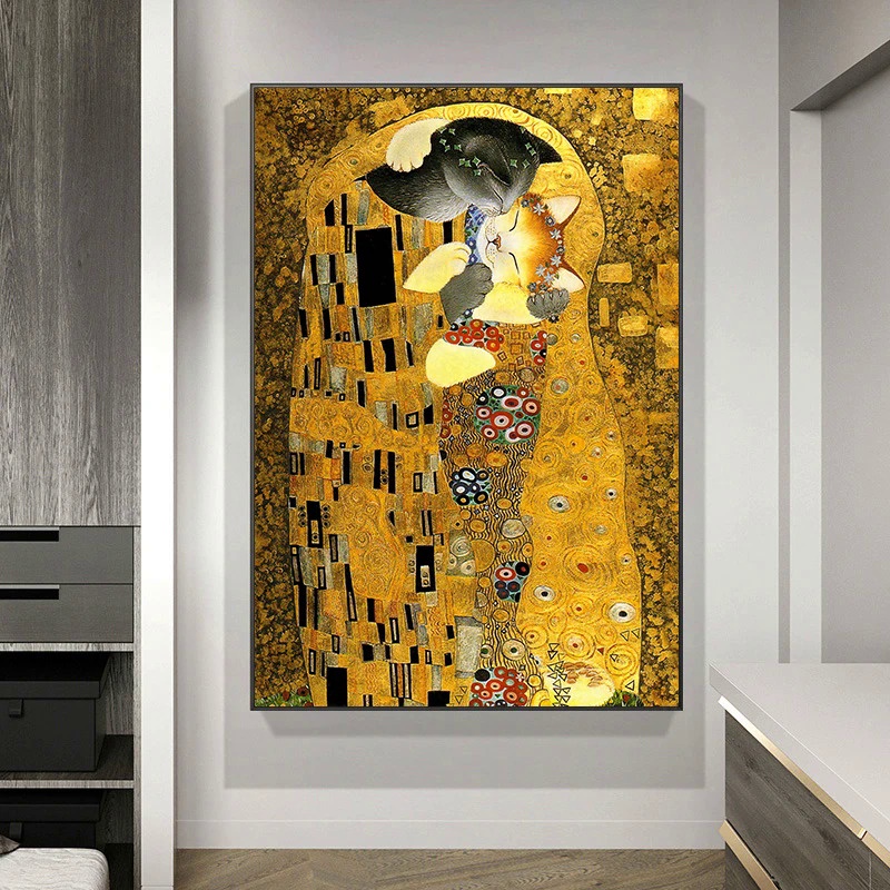 ภาพวาดที่มีชื่อเสียง The Kiss โดย Gustav Klimt Cat โปสเตอร์ผ้าใบพิมพ์ผนังศิลปะรูปภาพสําหรับห้องนั่งเล่นตกแต่งบ้าน 3424132