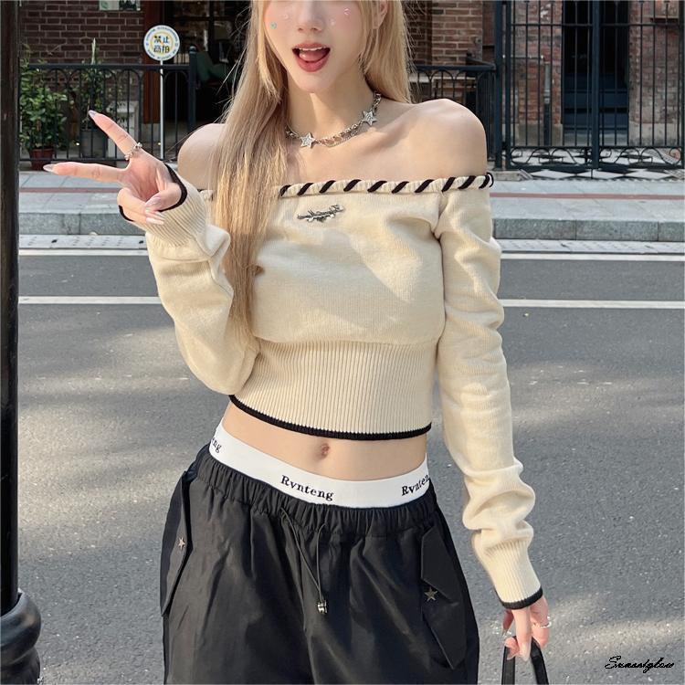 เสื้อครอปท็อปแขนยาว เปิดไหล่ ผ้าถัก สีคอนทราสต์ สําหรับผู้หญิง