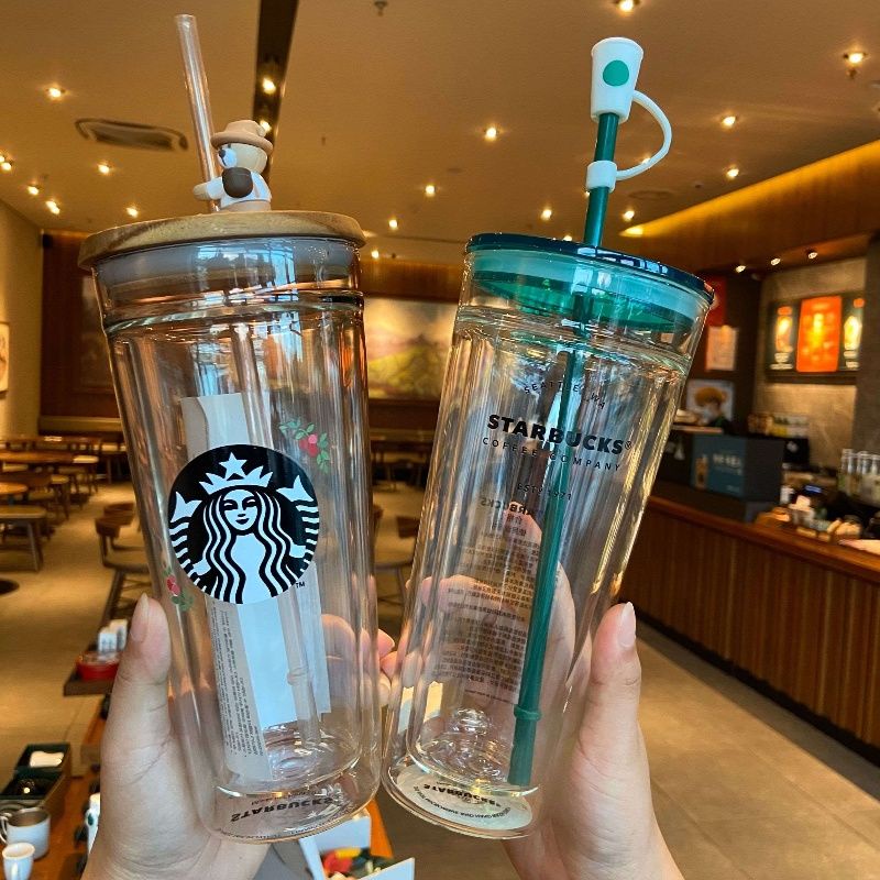 ถ้วยกาแฟStarbucks Coffee Farmer Bear Mason Straw Cup Classic Log Coverแก้วสองชั้นความจุขนาดใหญ่