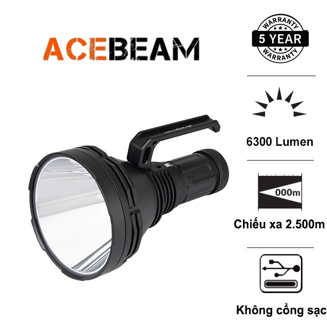 ACEBEAM K75 V2.0 ไฟฉายไฟสูง ระยะ 2500 ม. ความสว่างลูเมน 6300 ใช้แพ็คแบตเตอรี่ 18650 4 ก้อน