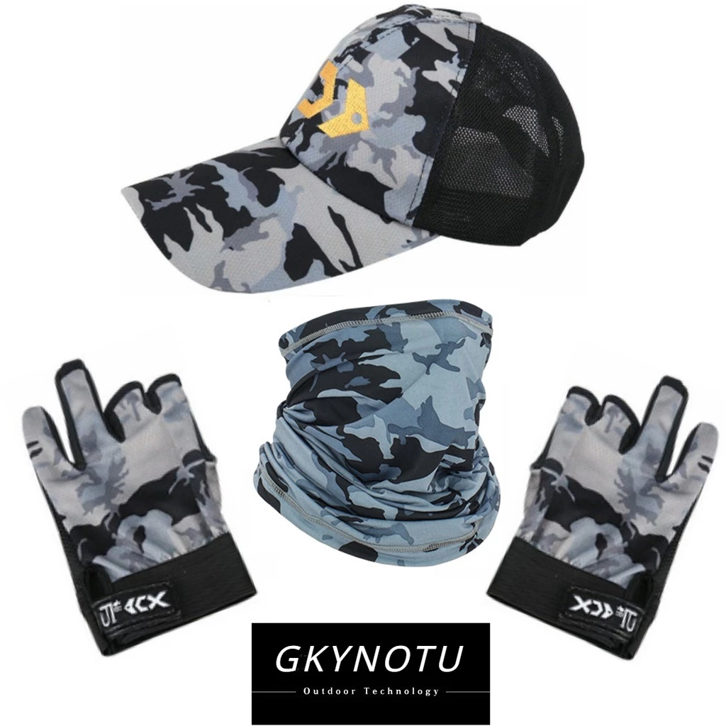 Gkynotu ถุงมือขี่จักรยาน ตกปลา กันลื่น อนุภาค + หมวกตกปลา ตาข่ายระบายอากาศ + ผ้าคลุมศีรษะ พัฟ หน้ากากกันแดด