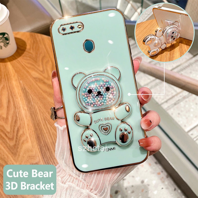 เคสโทรศัพท์ oppo a5s a12 a7 f9 เคสโทรศัพท์มือถือชุบนิ่ม ทรงสี่เหลี่ยม ลายหมีน่ารัก 3D พร้อมที่ตั้งวาง สําหรับ oppo a5s a12 a7 f9