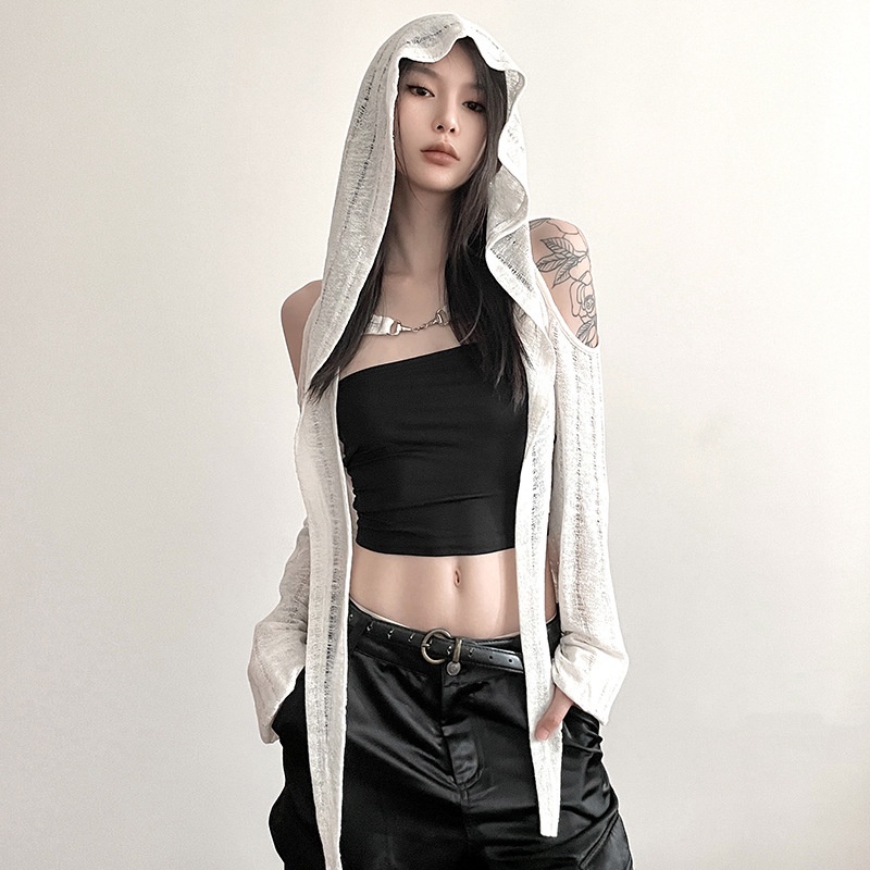 เสื้อคาร์ดิแกนลําลอง มีฮู้ด แบบบาง เข้ากับทุกการแต่งกาย แฟชั่นฤดูร้อน สีพื้น แบบเรียบง่าย สําหรับผู้หญิง