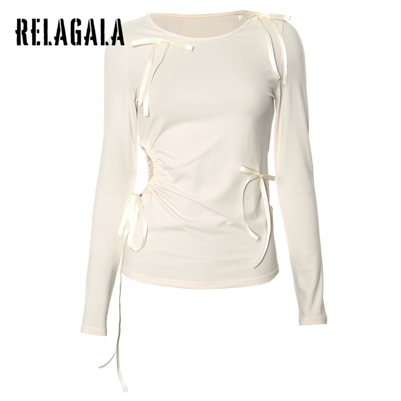 Relagala ใหม่ เสื้อยืดลําลอง แขนยาว คอกลม ประดับโบว์ ทรงสลิม สําหรับสตรี 2024