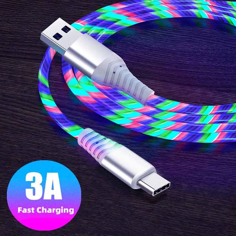 สาย LED เรืองแสง 3A สายชาร ์ จเร ็ ว Luminous USB to Type C Charger สําหรับโทรศัพท ์ Data Transfer สายไฟ