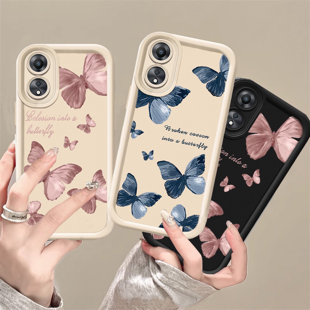 Hostr เคสโทรศัพท์มือถือ แบบนิ่ม ลายผีเสื้อ สีชมพู และสีฟ้า สําหรับ OPPO A18 A38 A78 A58 Reno 8T A57 2022 A17 A16 A16K A16E A15 A15S A54S A3S A5S A12E A12 F9 A31 A92 A52 A53 A33 A32 A54