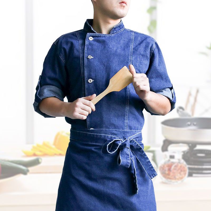 เสื้อกุ๊ก Chef overallsแจ็คเก็ตเชฟยีนส์สีน้ำเงินกลาง ร้านอาหาร Catering ชุดเชฟ บริการอาหาร เสื้อพ่อครัว(L-5XL)