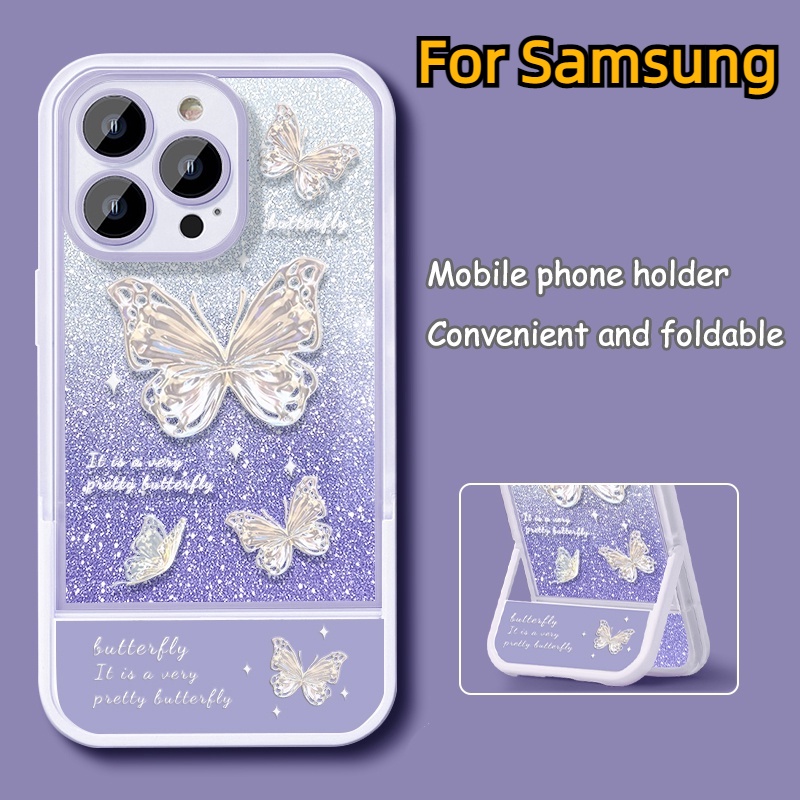 เคสโทรศัพท์มือถือ กันกระแทก ลายผีเสื้อ แต่งกลิตเตอร์ พร้อมขาตั้ง อเนกประสงค์ สําหรับ Samsung Galaxy A12 A22 F42 A42 M42 5G 4G A30S A50S A50