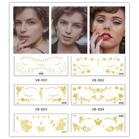 สติกเกอร์รอยสัก กันน้ํา สีทอง สไตล์ยุโรป และอเมริกา สําหรับตกแต่งใบหน้า ปาร์ตี้ เต้นรํา