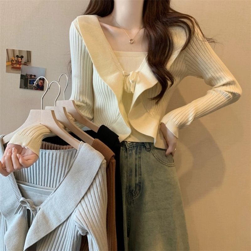 Elves✨พร้อมส่ง✨ เซ็ต เสื้อคลุมไหมพรมผ้าร่อง+สายเดี่ยว ~P08+P08-1~ -C