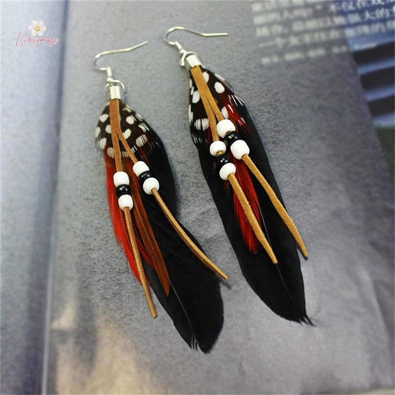 Luckybabys> แฟชั่น sel Dangling ต่างหู ขนนก หนัง ลูกปัด ต่างหู ขนนกอินเดีย ใหม่