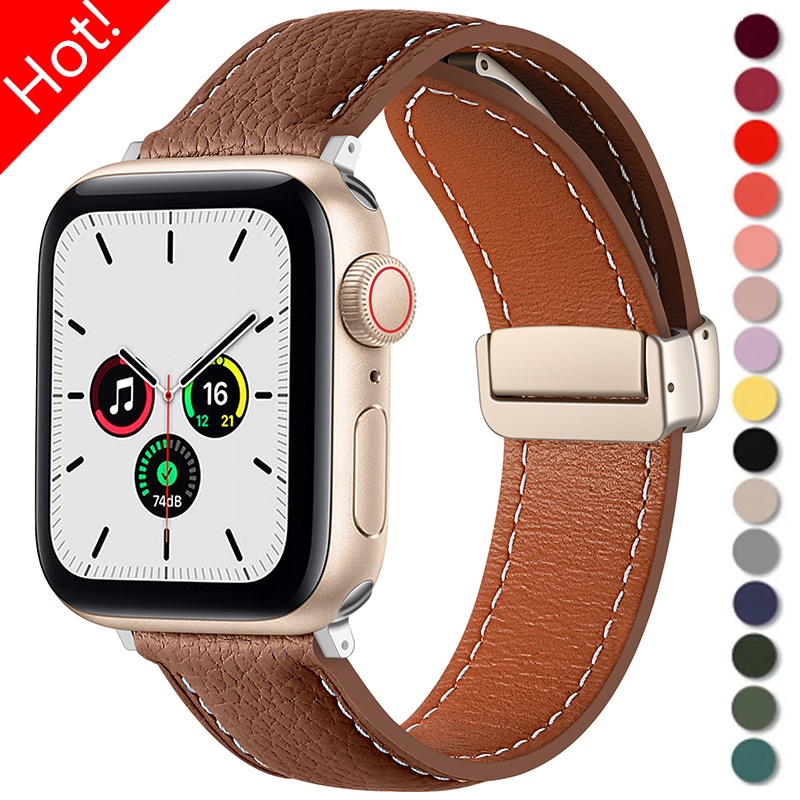 สายนาฬิกาข้อมือหนังแท้ แบบแม่เหล็ก สําหรับ Apple Watch Ultra 2 49 มม. 41 45 มม. 44 42 มม. IWatch Series 9 8 7 6 5 4 SE