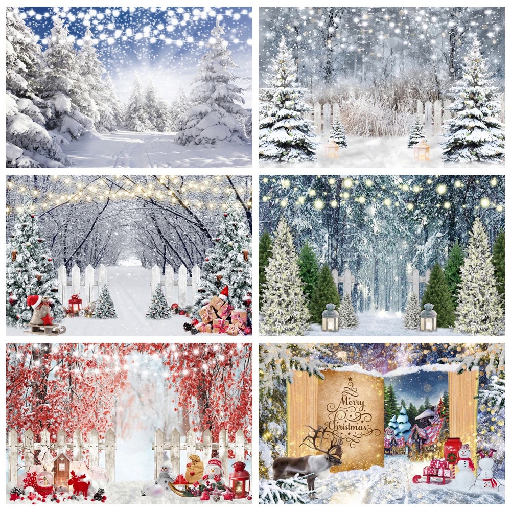 Winter Snow Forest Background Photography Christmas Tree Sparkling Decoration Children Family Party Portrait Photo Backd