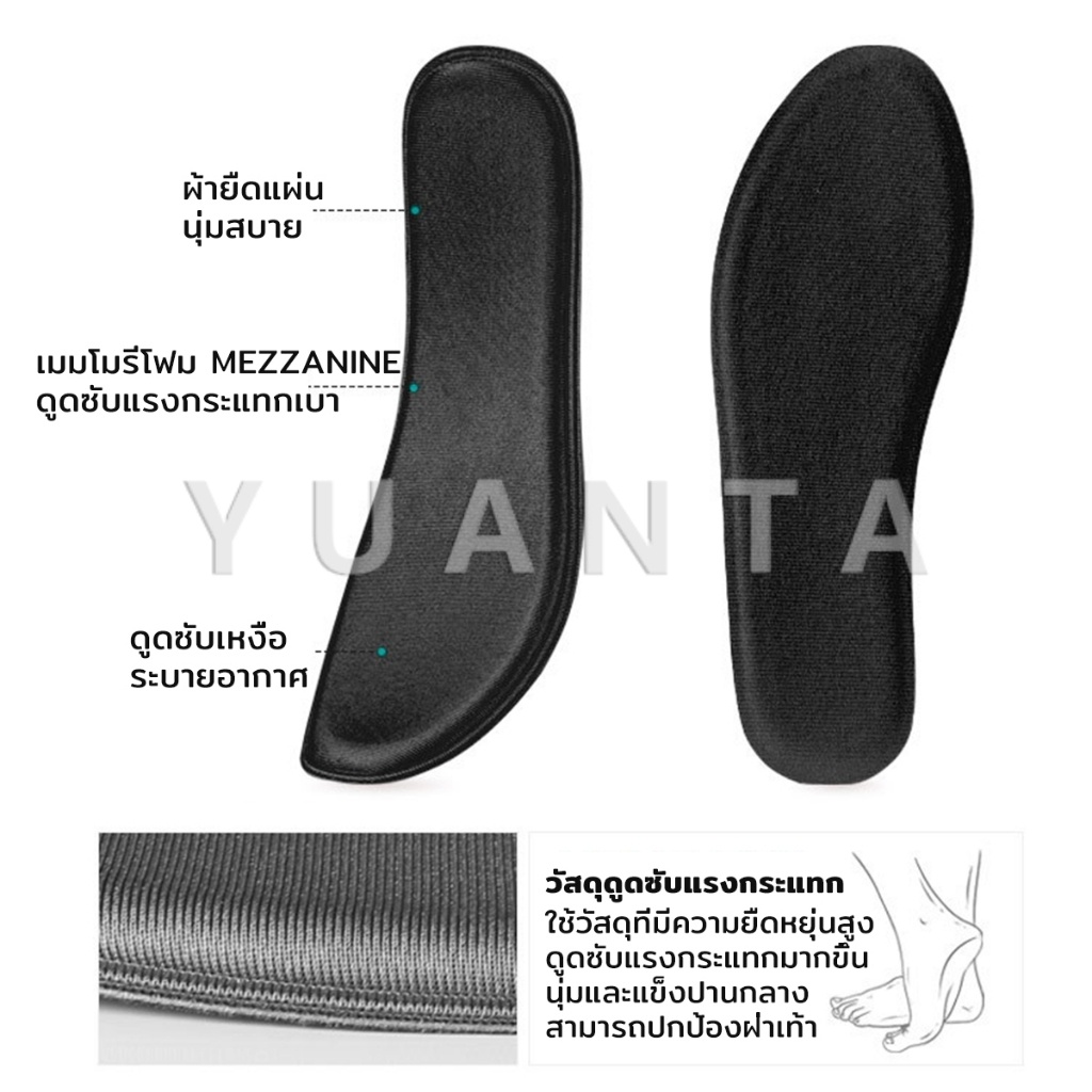 Yuanta พื้นรองเท้าแบบสปอร์ต แผ่นเสริมรองเท้าดูดซับแรงกระแทก ใส่สบาย ป้องกันการปวดเท้า insoles