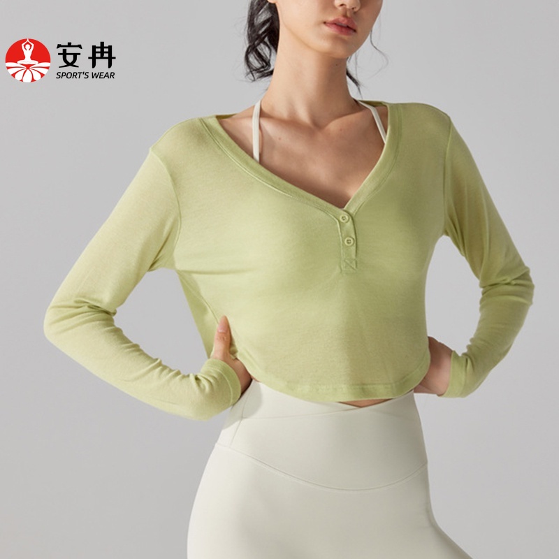 【Anran】เสื้อแขนยาว คอวี ทรงหลวม ระบายอากาศได้ดี แบบแห้งเร็ว สําหรับเล่นโยคะ วิ่ง ฟิตเนส