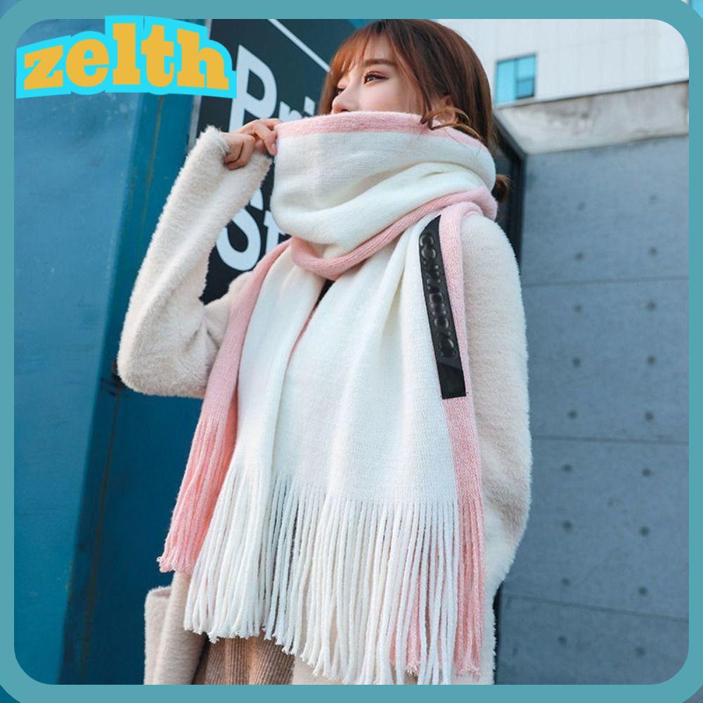 Zelth ผ้าพันคอ ผ้าคลุมไหล่ ผ้าแคชเมียร์ แบบหนานุ่ม ให้ความอบอุ่น สีตัดกัน แฟชั่นฤดูหนาว สําหรับผู้หญิง
