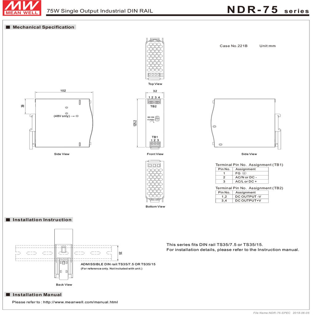 [ 1เครื่อง ] NDR-75-48 พาวเวอร์ซัพพลาย 48V 1.6A MEAN WELL 75W NDR Single Output Industrial DIN RAIL สวิทชชิ่ง ยึดรางป... - รูปที่ 7