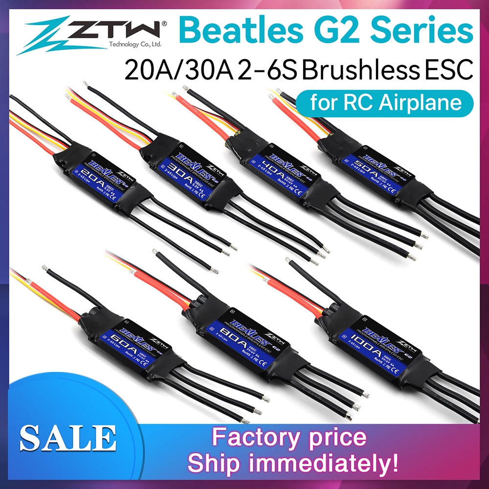 Ztw ตัวควบคุมความเร็วไฟฟ้า 32-Bit Brushless ESC Beatles G2 20A 30A 40A 50A 60A 80A 100A 2-6S SBEC 5V 6V 8A สําหรับเครื่องบินบังคับ