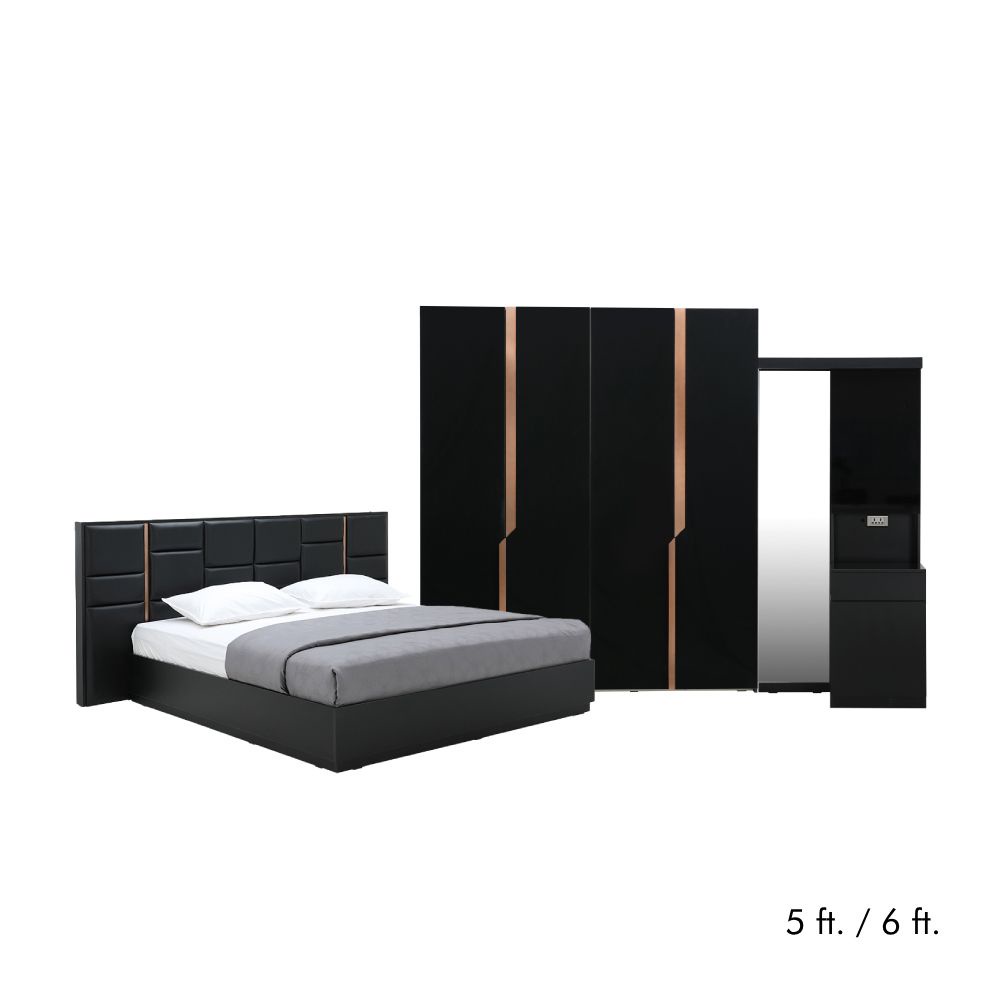 INDEX LIVING MALL ชุดห้องนอน รุ่นอเล็กซ์ (เตียง, ตู้เสื้อผ้า 4 บาน, โต๊ะเครื่องแป้ง) - สีดำ